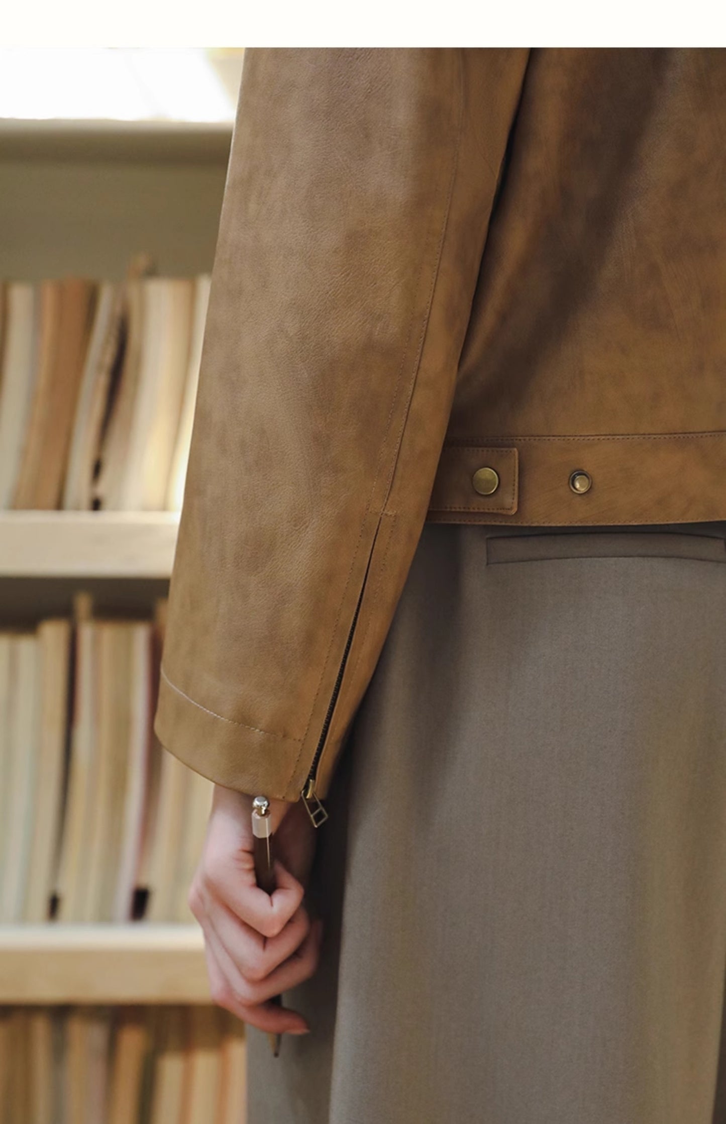 Minimal Faux Leather Stand Collar Zip Jacket