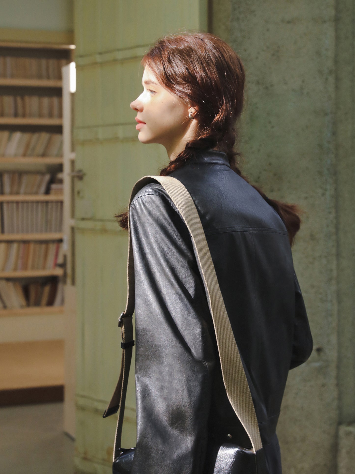 Minimal Faux Leather Stand Collar Zip Jacket