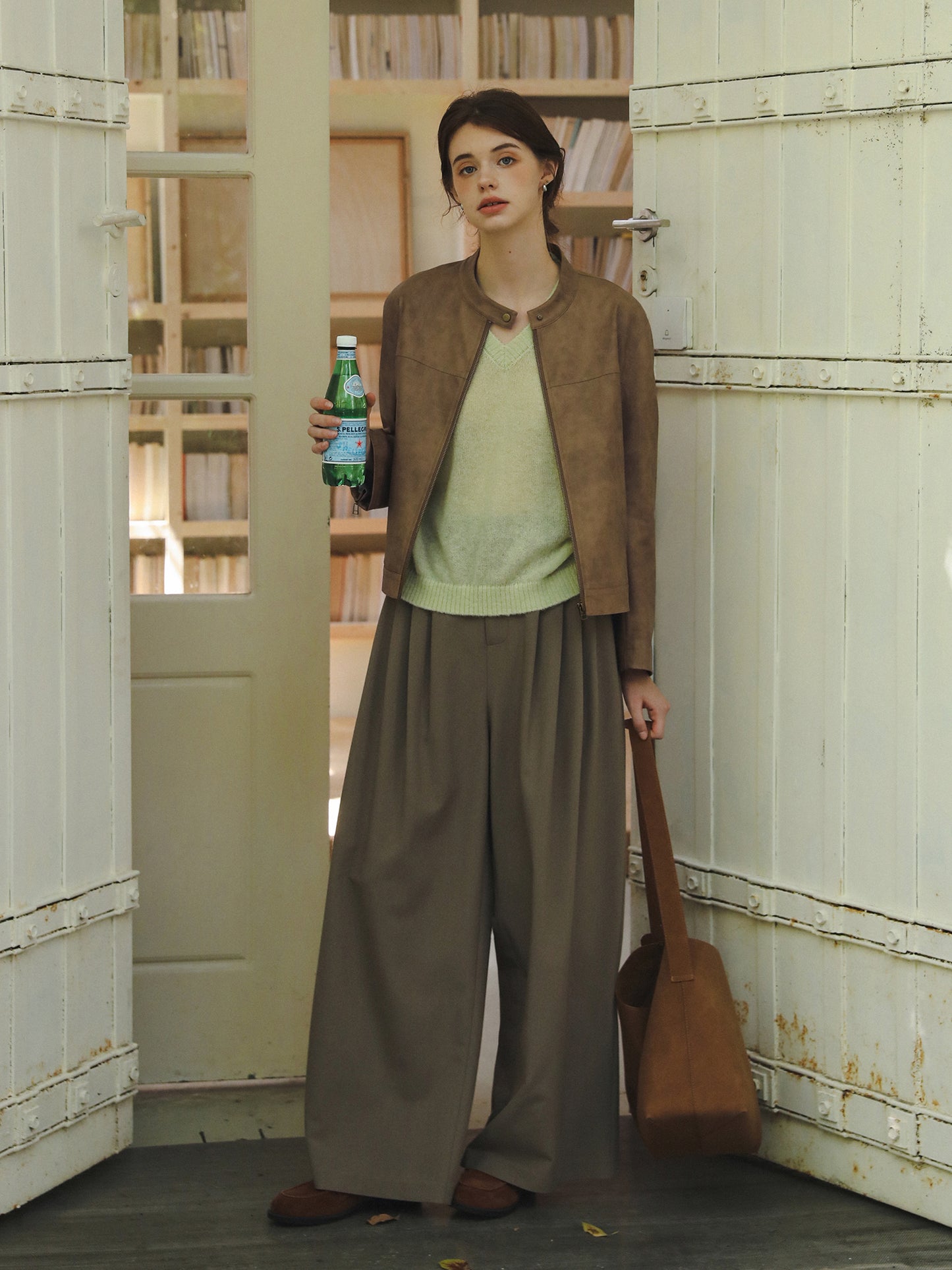 Minimal Faux Leather Stand Collar Zip Jacket