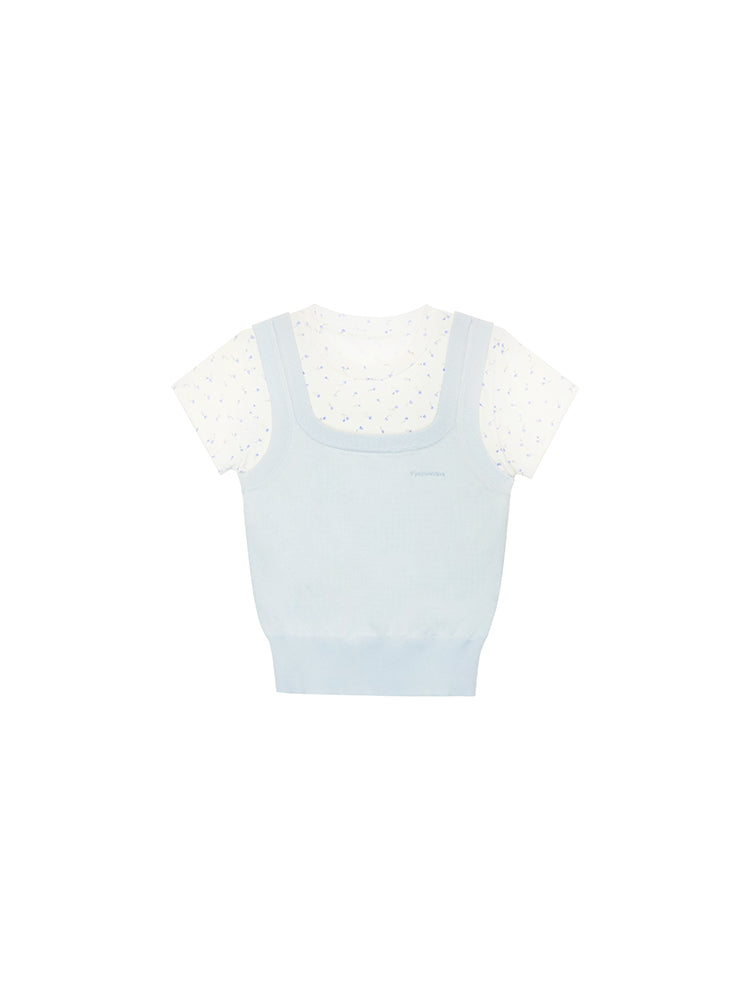 Faux Knit Layered Floral Cap-Sleeved T-Shirt