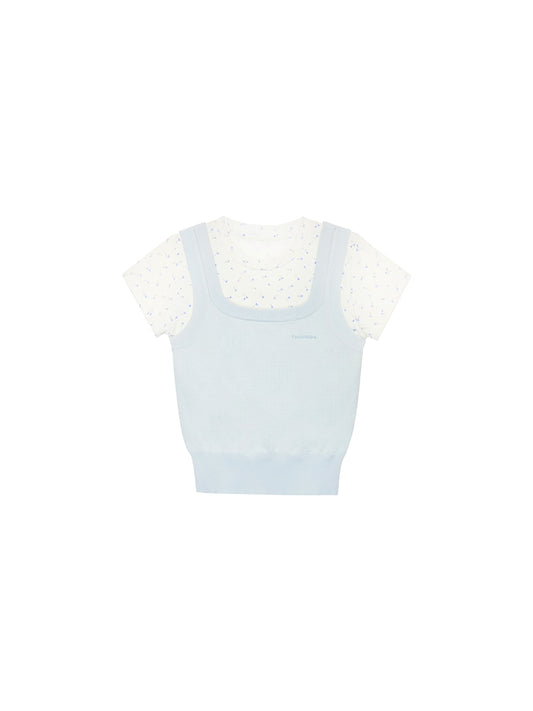 Faux Knit Layered Floral Cap-Sleeved T-Shirt