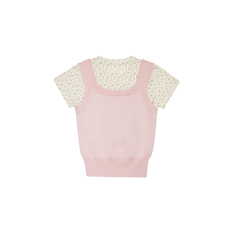 Faux Knit Layered Floral Cap-Sleeved T-Shirt