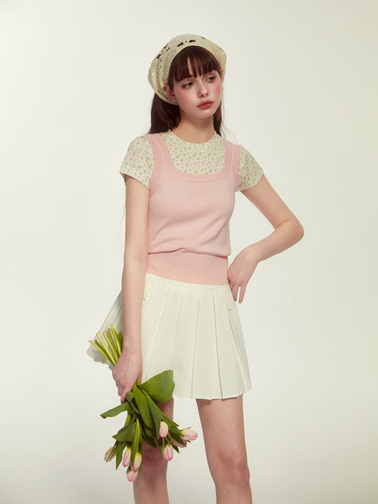 Faux Knit Layered Floral Cap-Sleeved T-Shirt