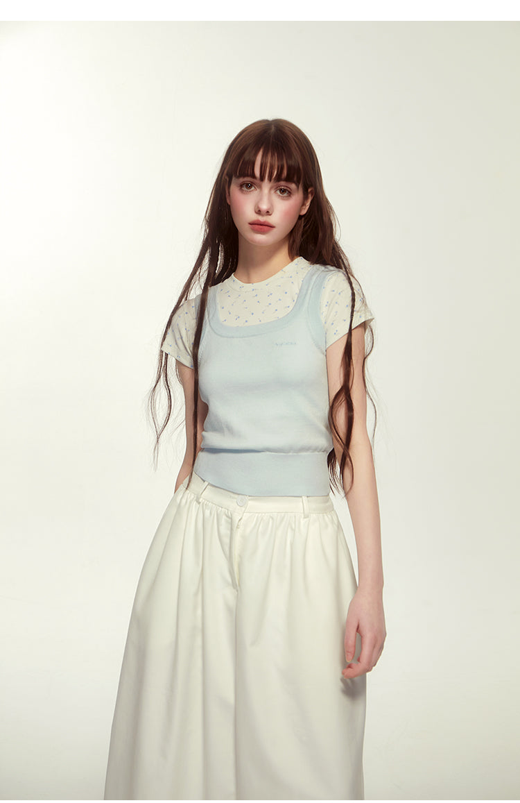 Faux Knit Layered Floral Cap-Sleeved T-Shirt