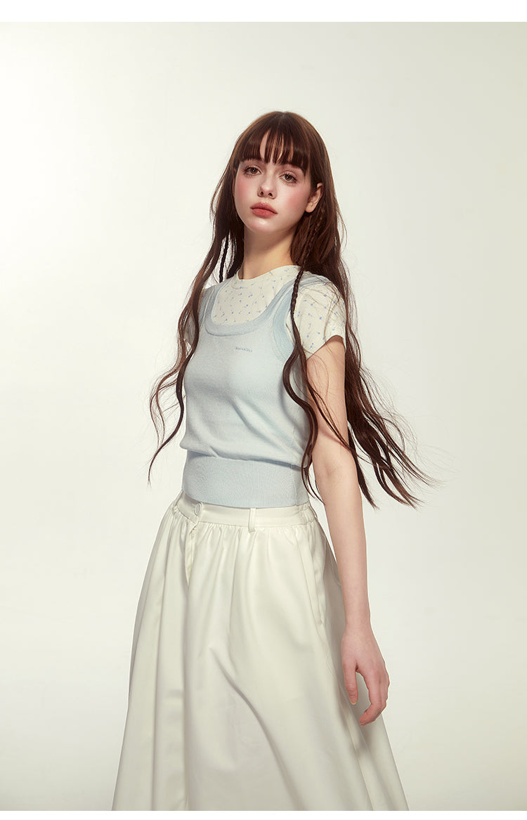 Faux Knit Layered Floral Cap-Sleeved T-Shirt