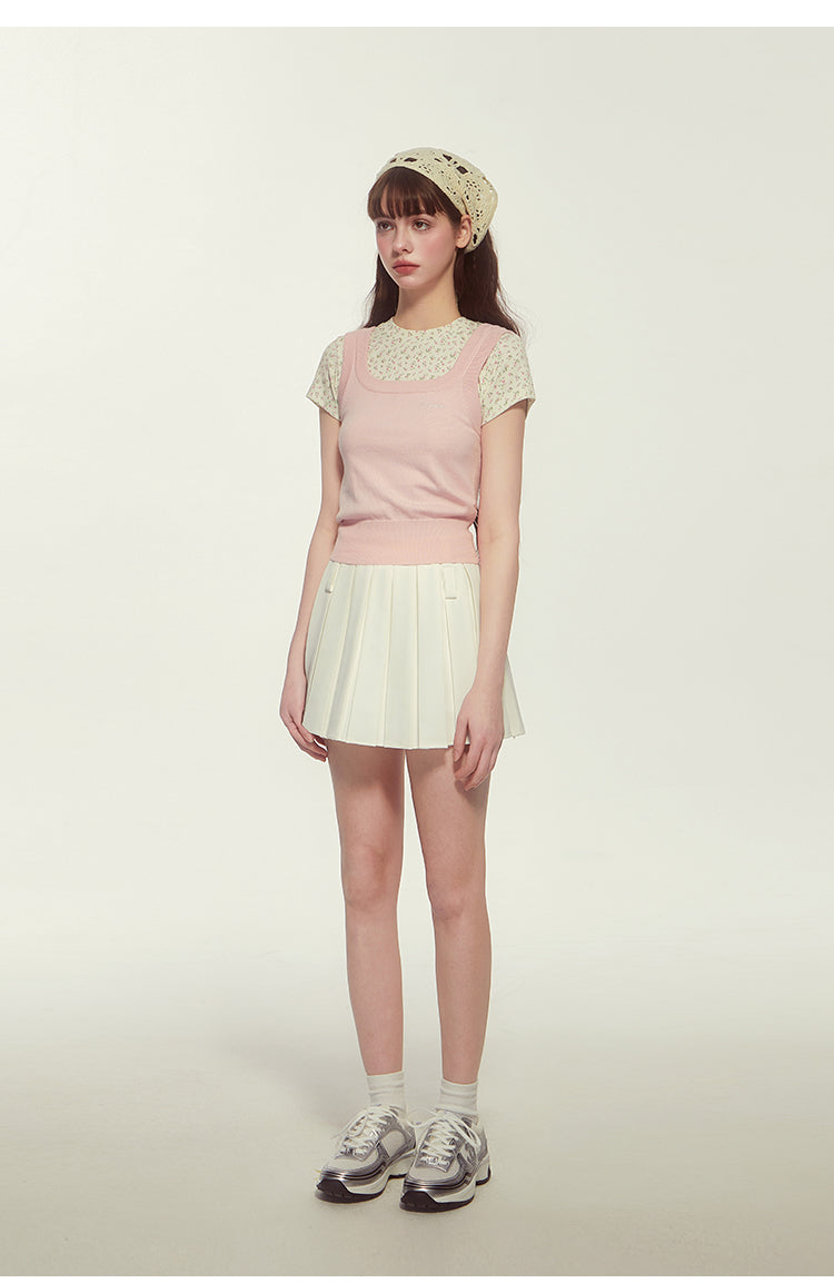 Faux Knit Layered Floral Cap-Sleeved T-Shirt