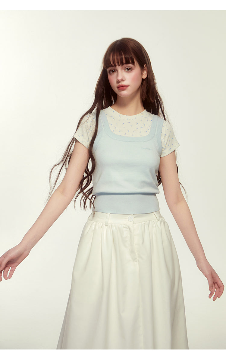 Faux Knit Layered Floral Cap-Sleeved T-Shirt