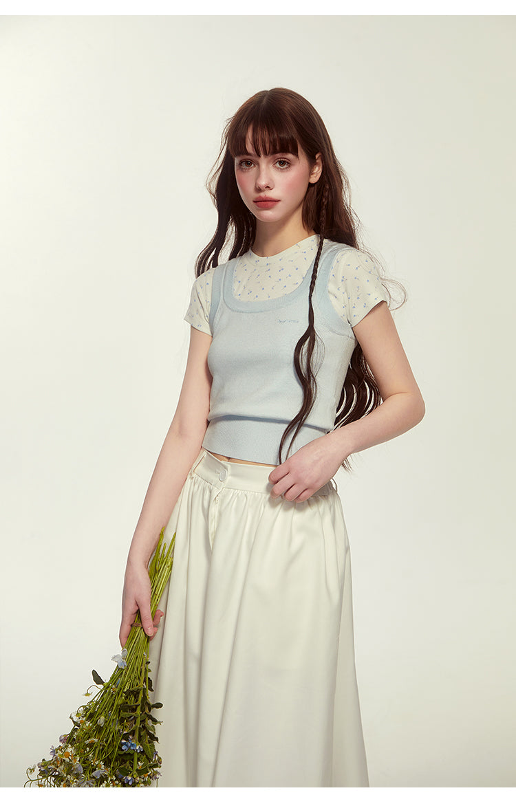 Faux Knit Layered Floral Cap-Sleeved T-Shirt