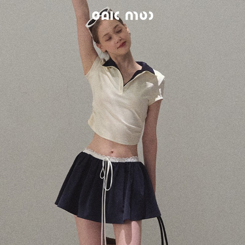 Faux-Layered Crop Polo And Flared Skirt Co-Ord