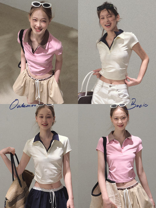 Faux-Layered Crop Polo And Flared Skirt Co-Ord