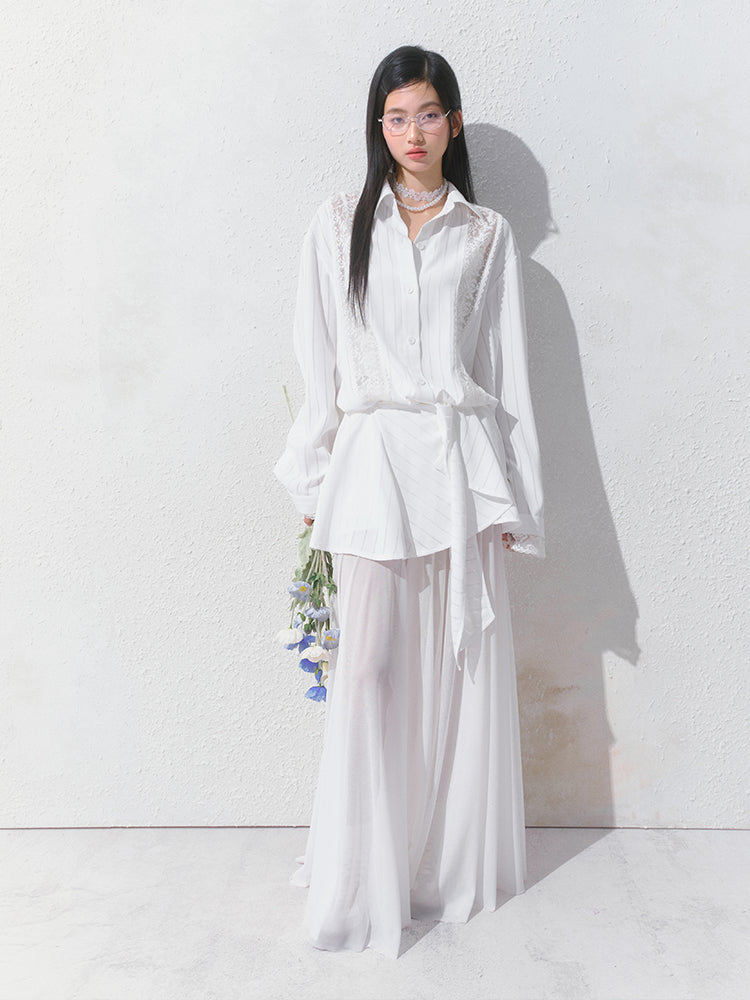 Lace Detail Striped Shirt & Detachable Apron Skirt Set