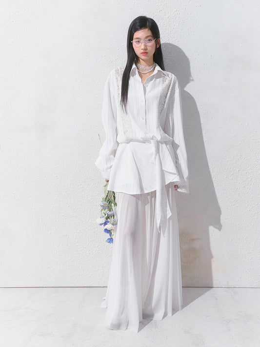 Lace Detail Striped Shirt & Detachable Apron Skirt Set