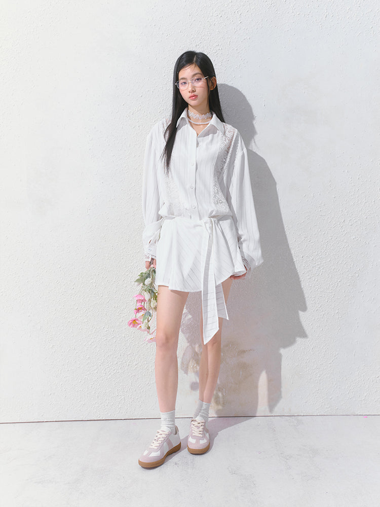 Lace Detail Striped Shirt & Detachable Apron Skirt Set