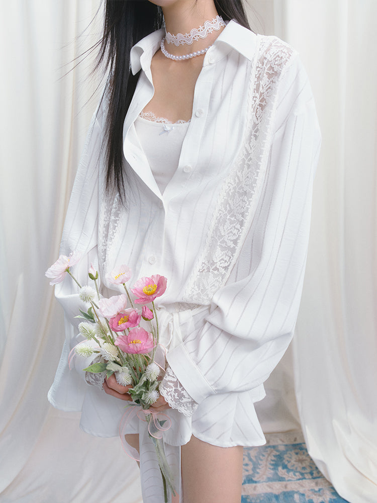 Lace Detail Striped Shirt & Detachable Apron Skirt Set