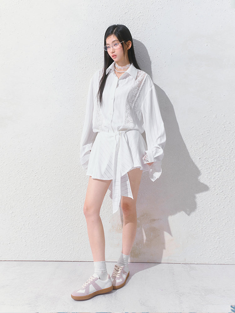 Lace Detail Striped Shirt & Detachable Apron Skirt Set