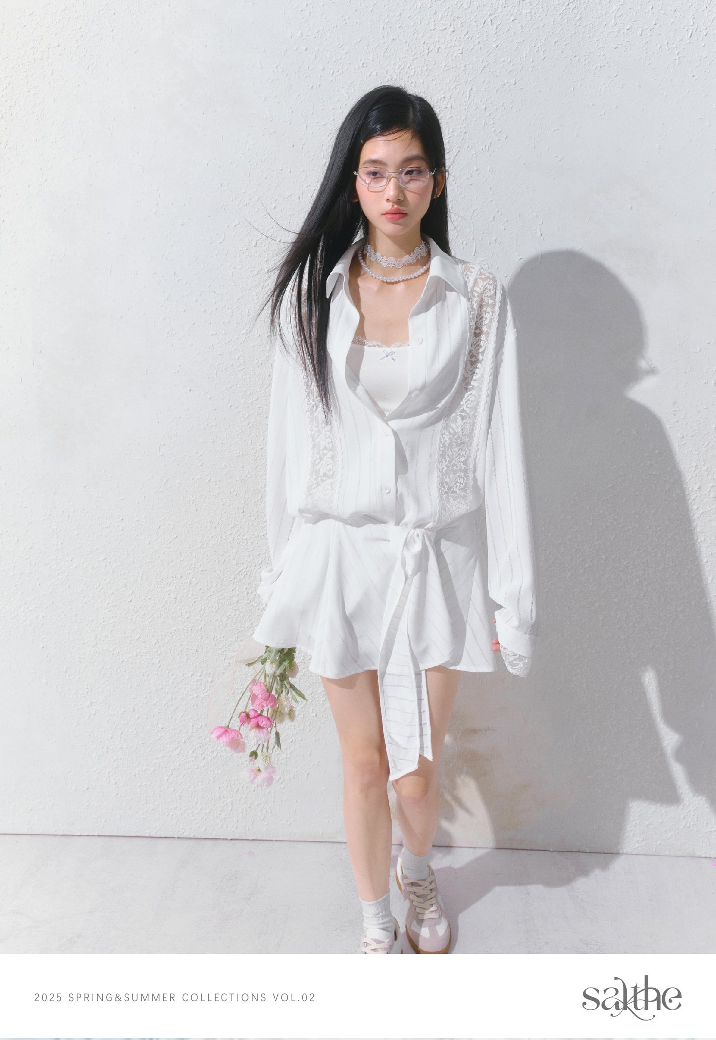 Lace Detail Striped Shirt & Detachable Apron Skirt Set