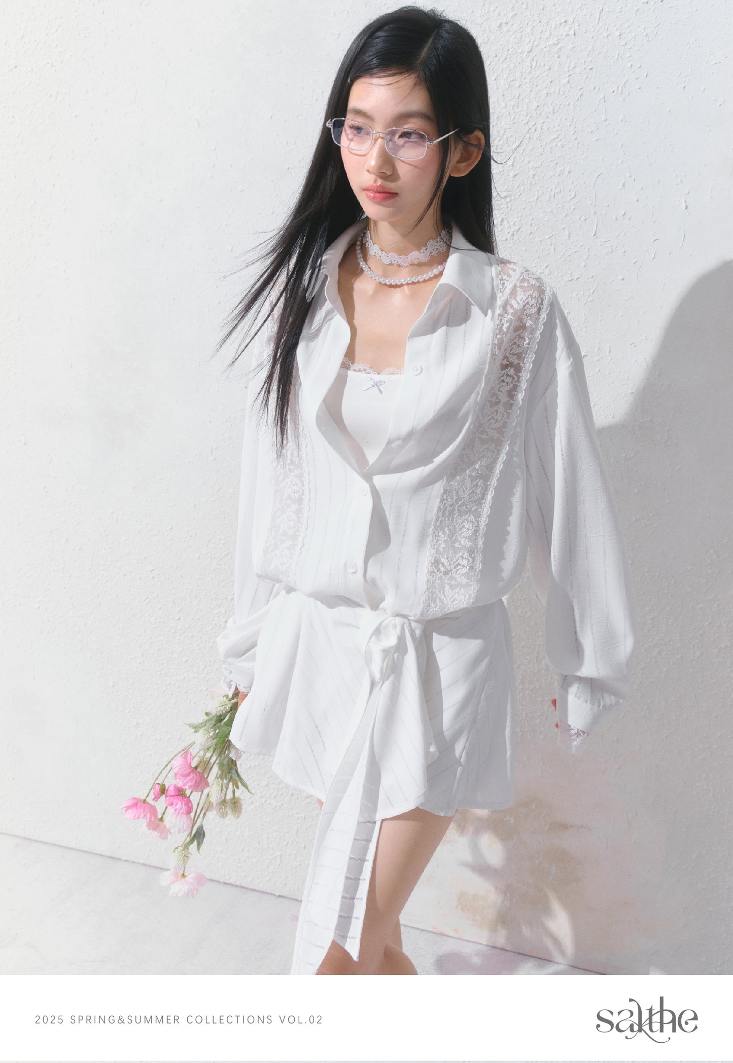 Lace Detail Striped Shirt & Detachable Apron Skirt Set