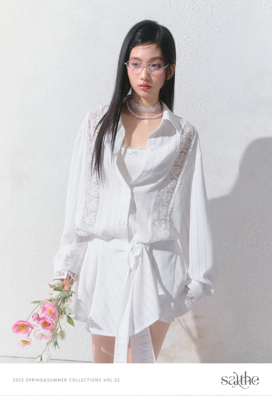 Lace Detail Striped Shirt & Detachable Apron Skirt Set