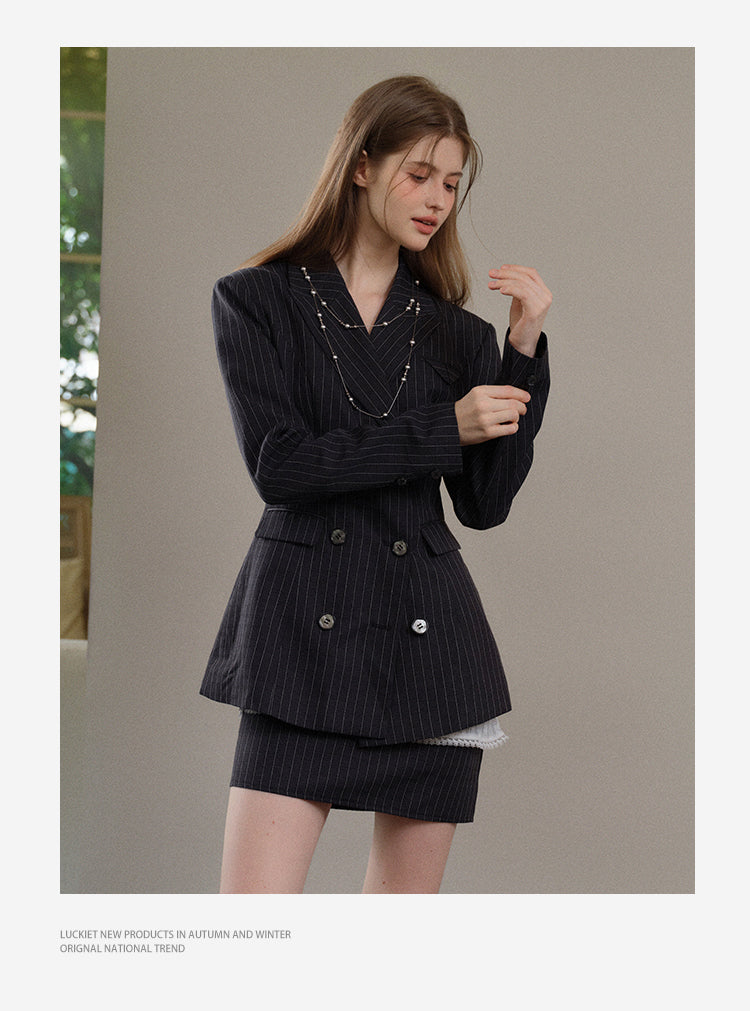 Striped Double-Breast Blazer & Skirt In 2 Styles