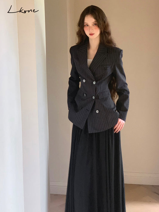 Striped Double-Breast Blazer & Skirt In 2 Styles