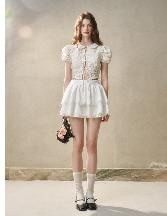 Tiered Mini Skirt With Floral Embroidery