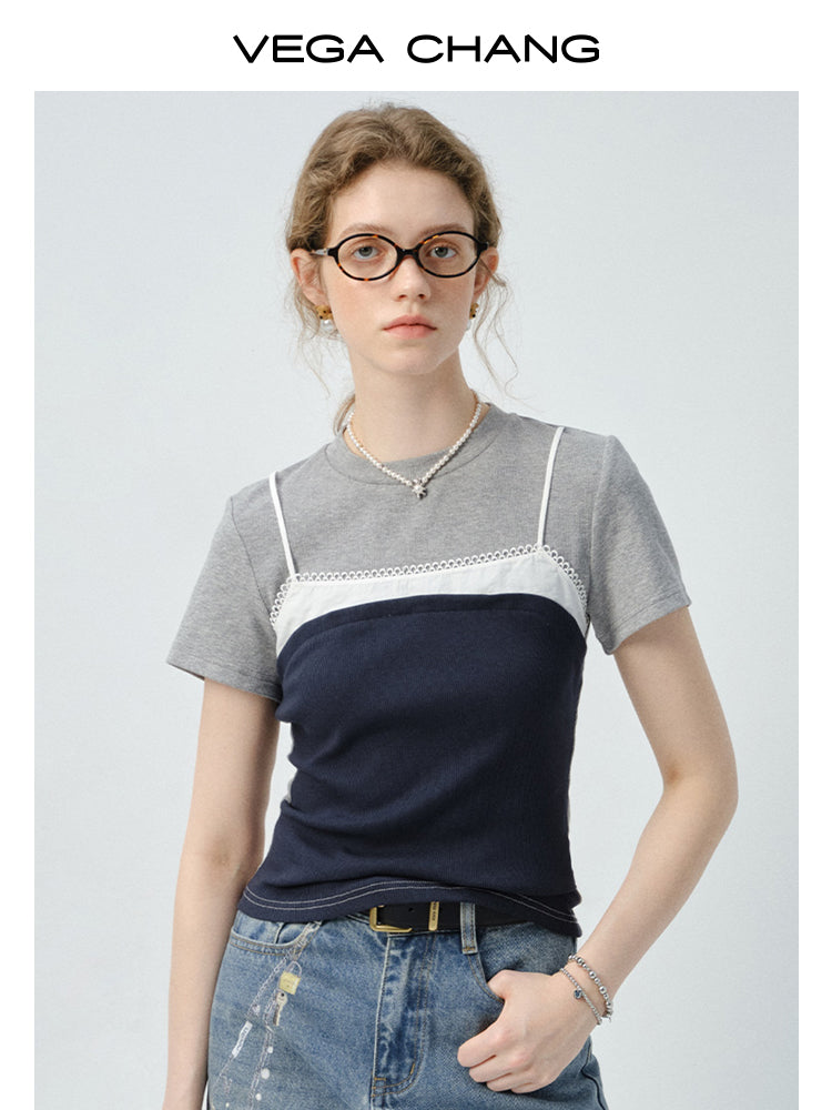 Contrast-Colored Faux-Layered Cotton T-Shirt