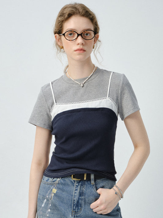 Contrast-Colored Faux-Layered Cotton T-Shirt