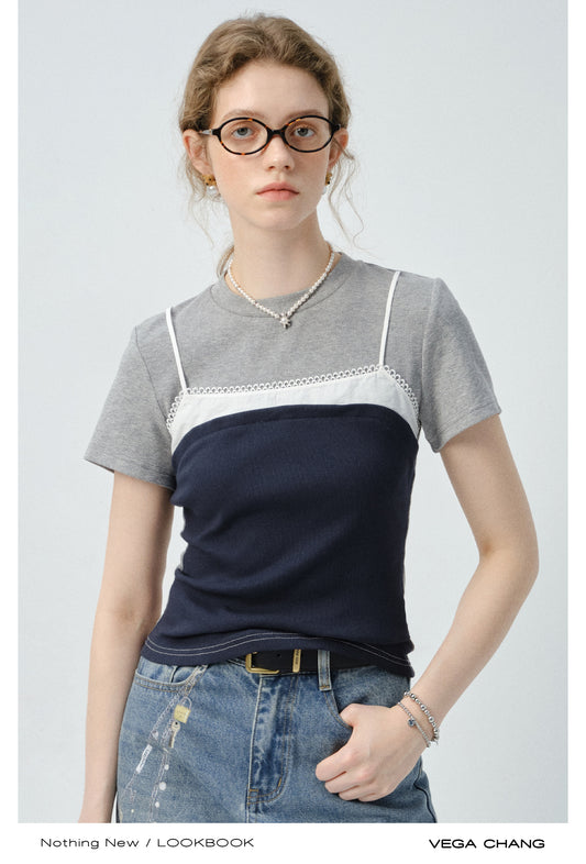 Contrast-Colored Faux-Layered Cotton T-Shirt