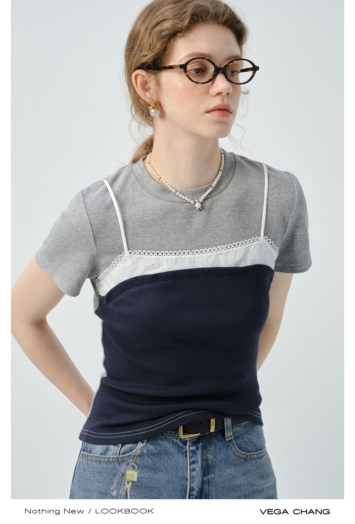 Contrast-Colored Faux-Layered Cotton T-Shirt