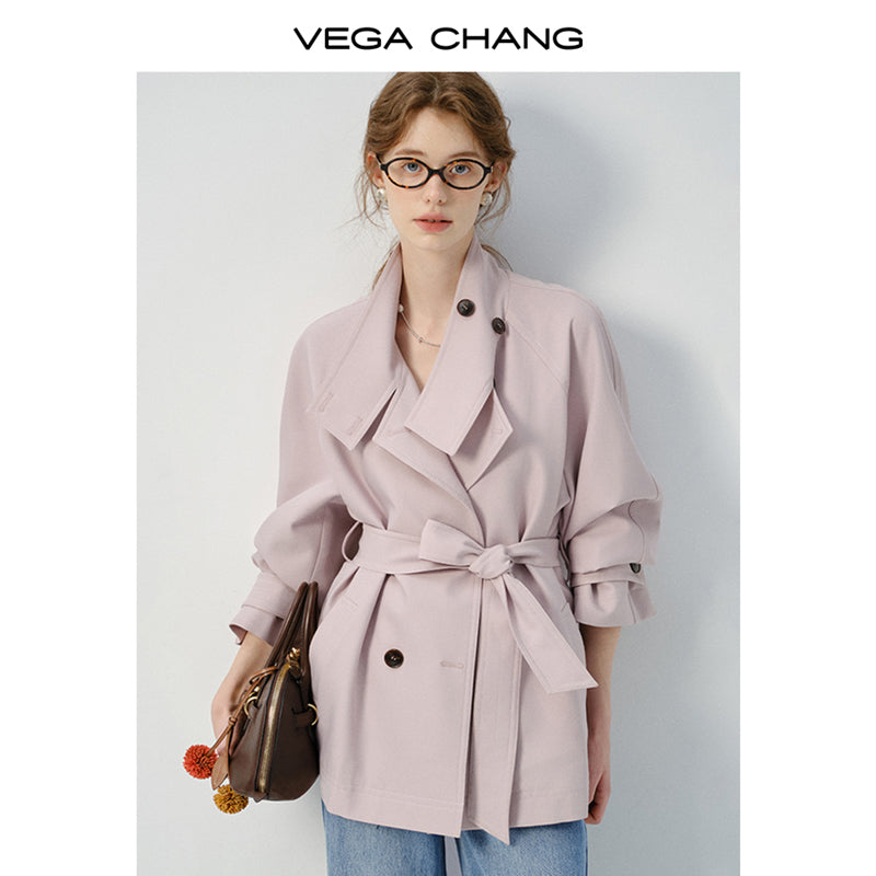 Short Belted Trench Coat With Raglan Sleeves