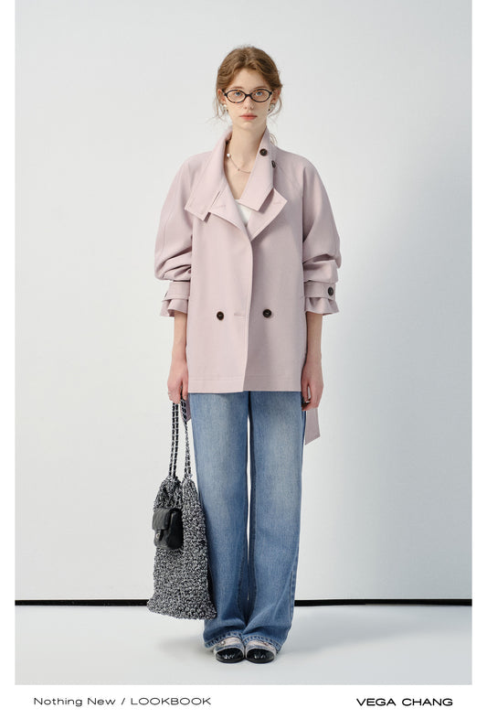 Short Belted Trench Coat With Raglan Sleeves