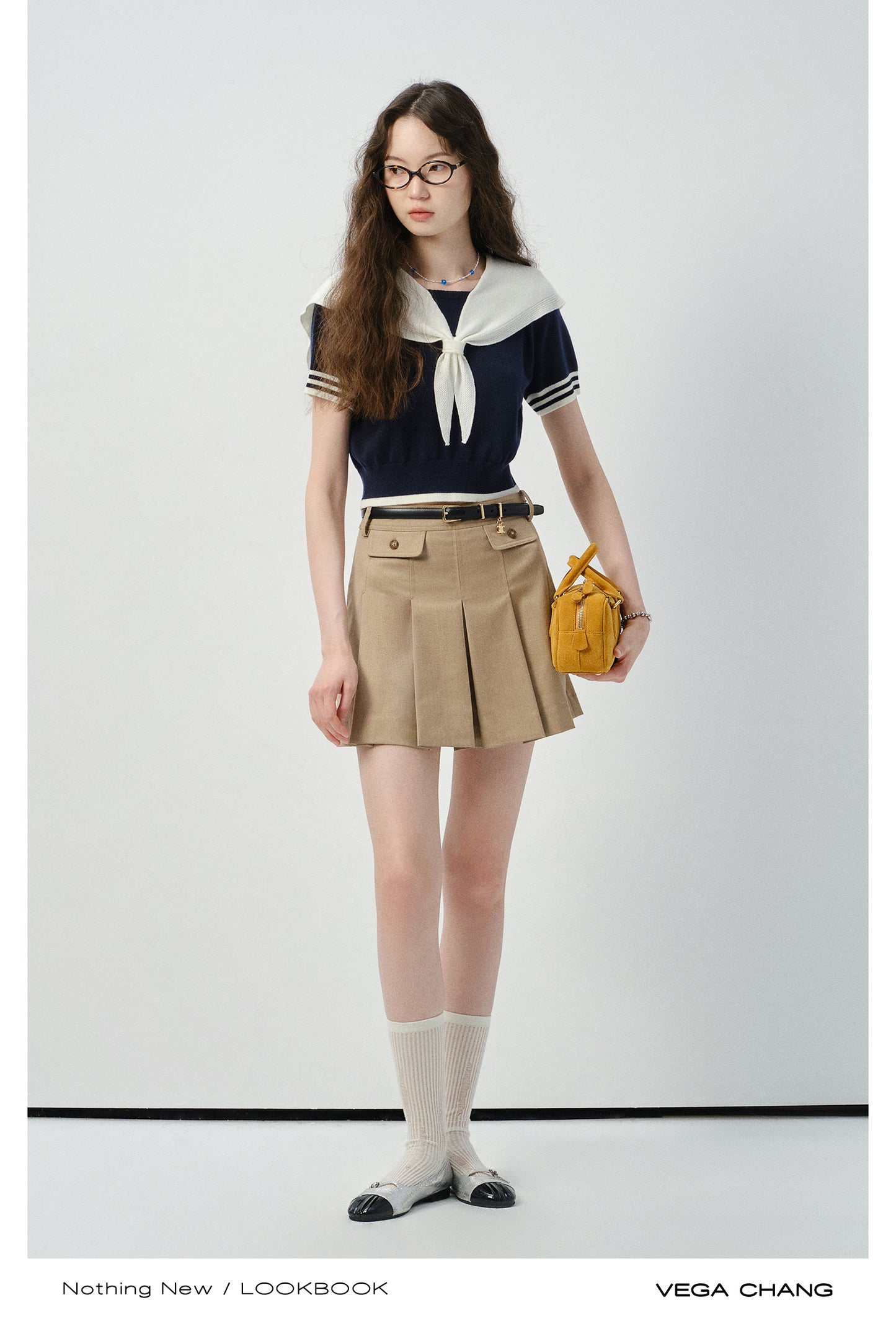 Sailor Collar Knit Top And Pleated Mini Cargo Skirt