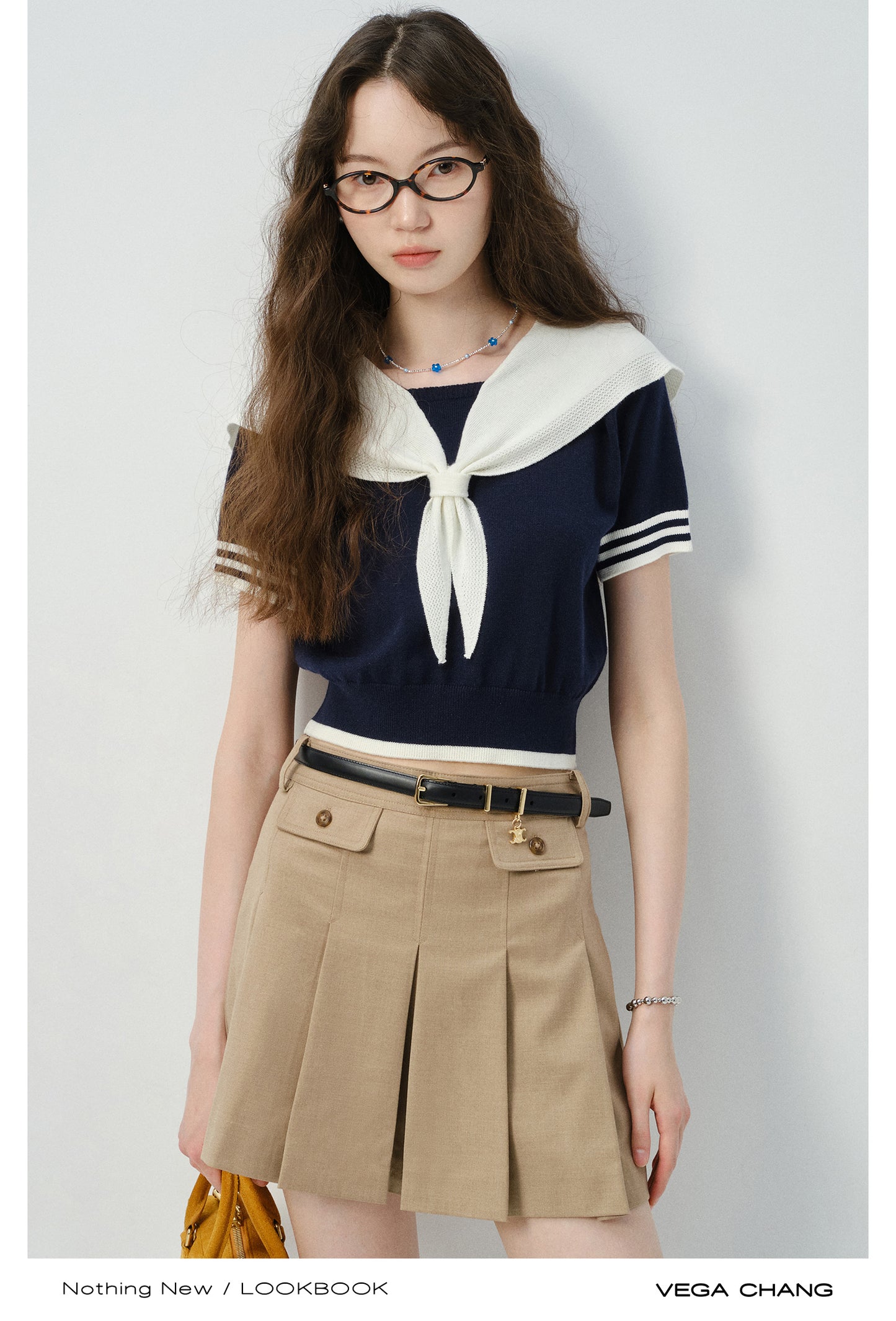 Sailor Collar Knit Top And Pleated Mini Cargo Skirt