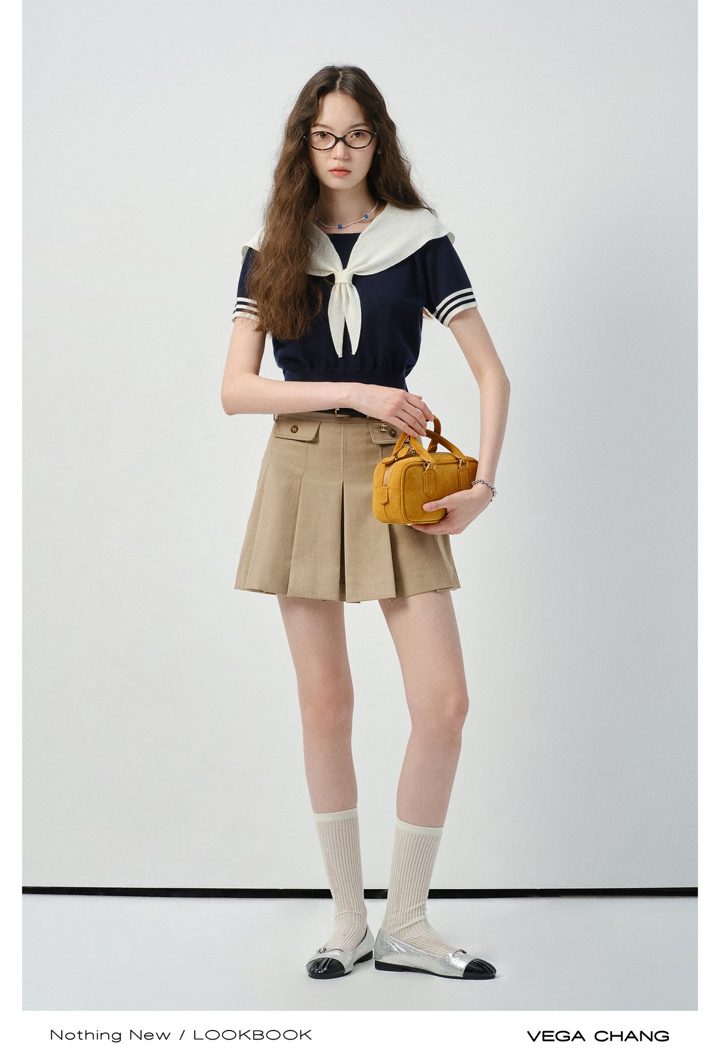 Sailor Collar Knit Top And Pleated Mini Cargo Skirt