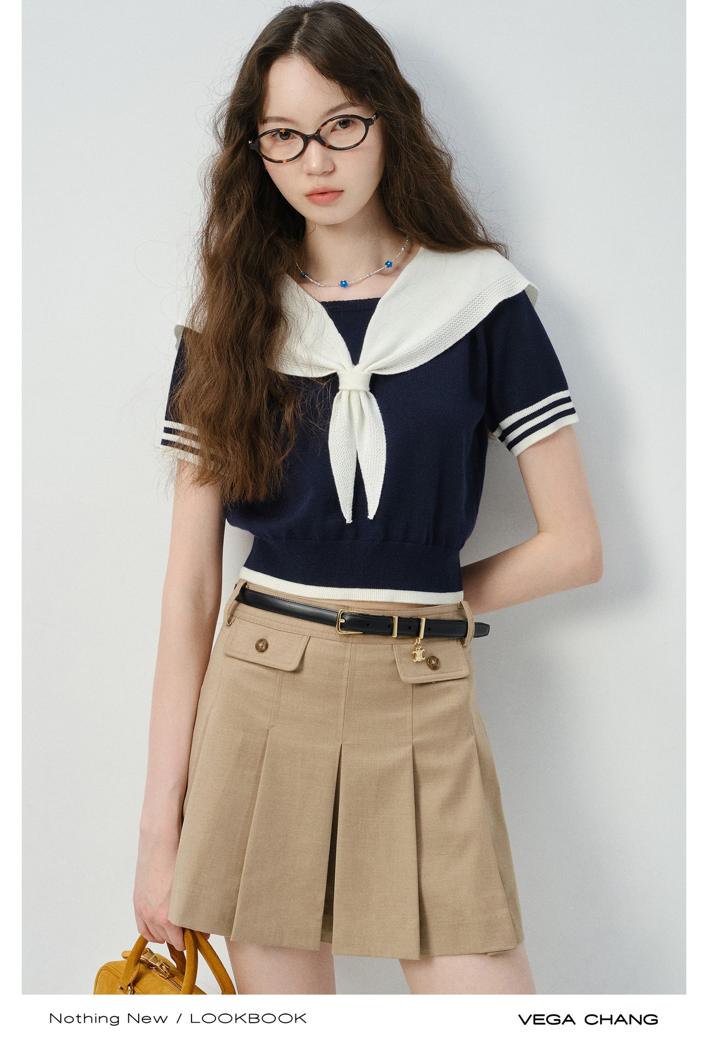 Sailor Collar Knit Top And Pleated Mini Cargo Skirt