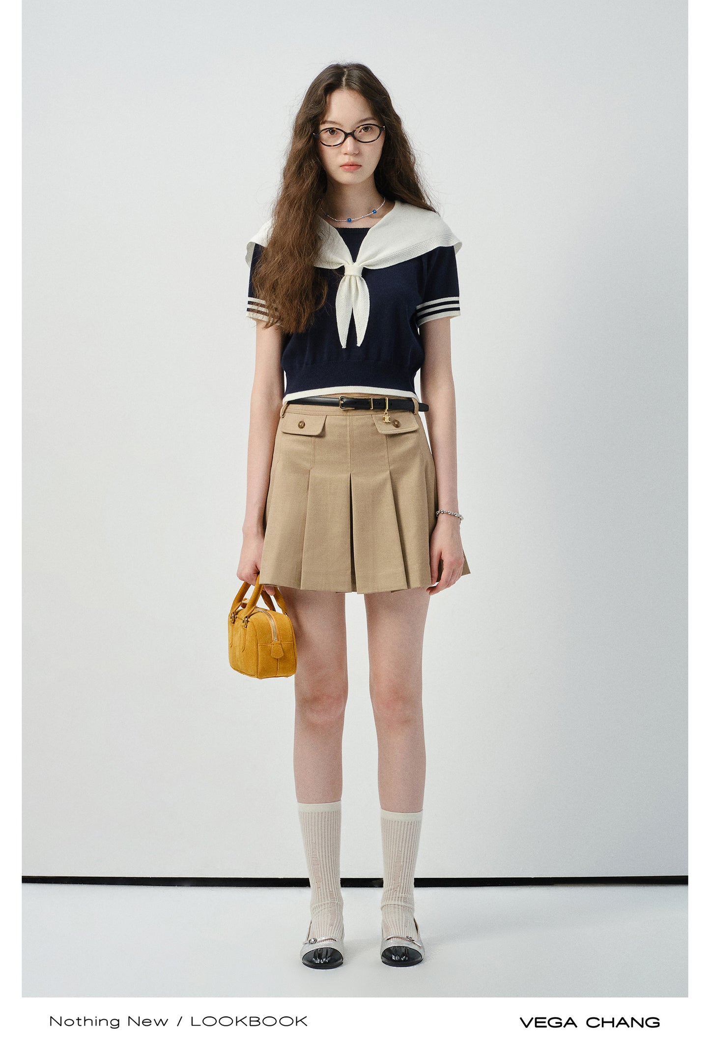 Sailor Collar Knit Top And Pleated Mini Cargo Skirt
