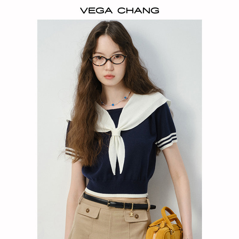 Sailor Collar Knit Top And Pleated Mini Cargo Skirt