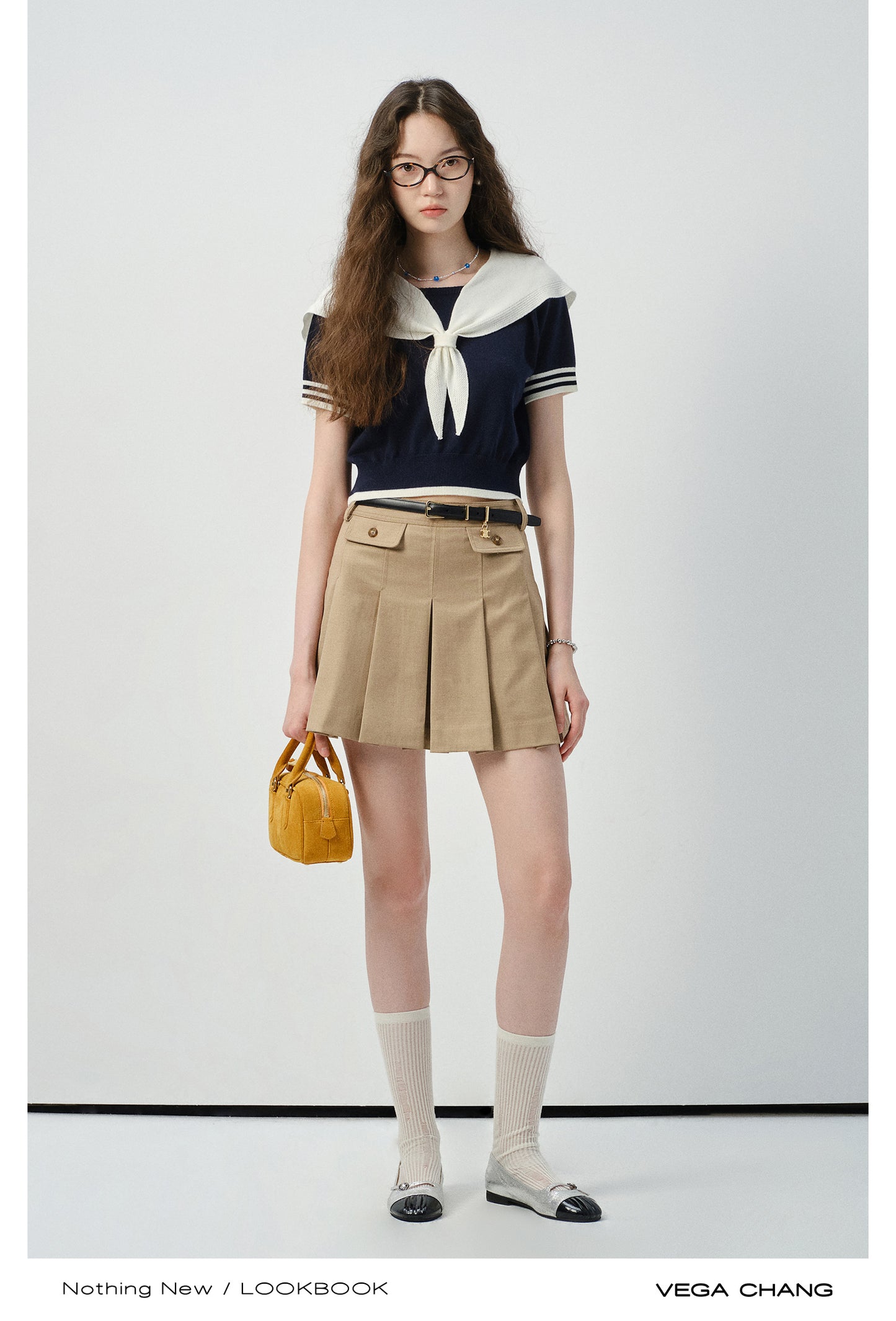 Sailor Collar Knit Top And Pleated Mini Cargo Skirt