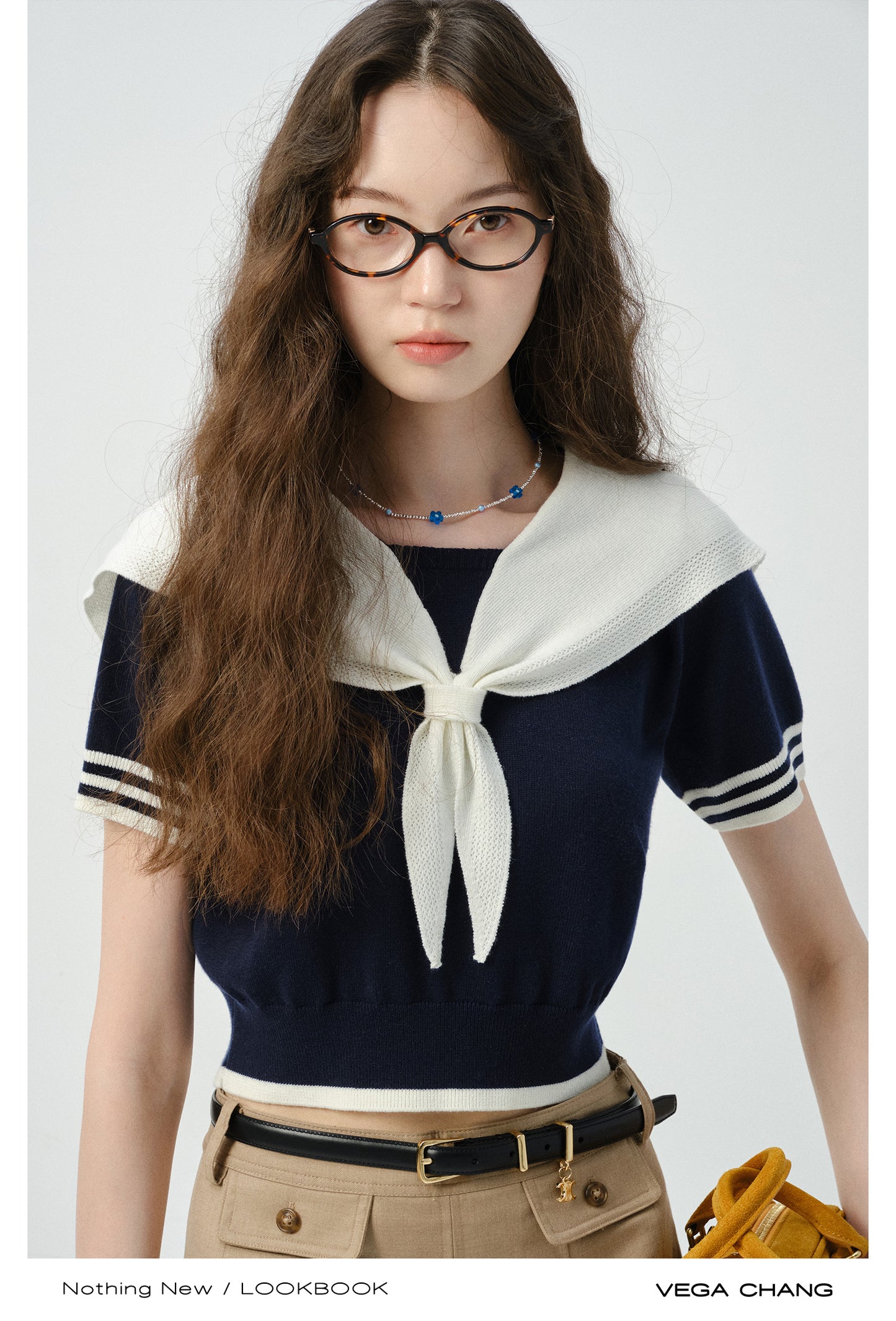 Sailor Collar Knit Top And Pleated Mini Cargo Skirt