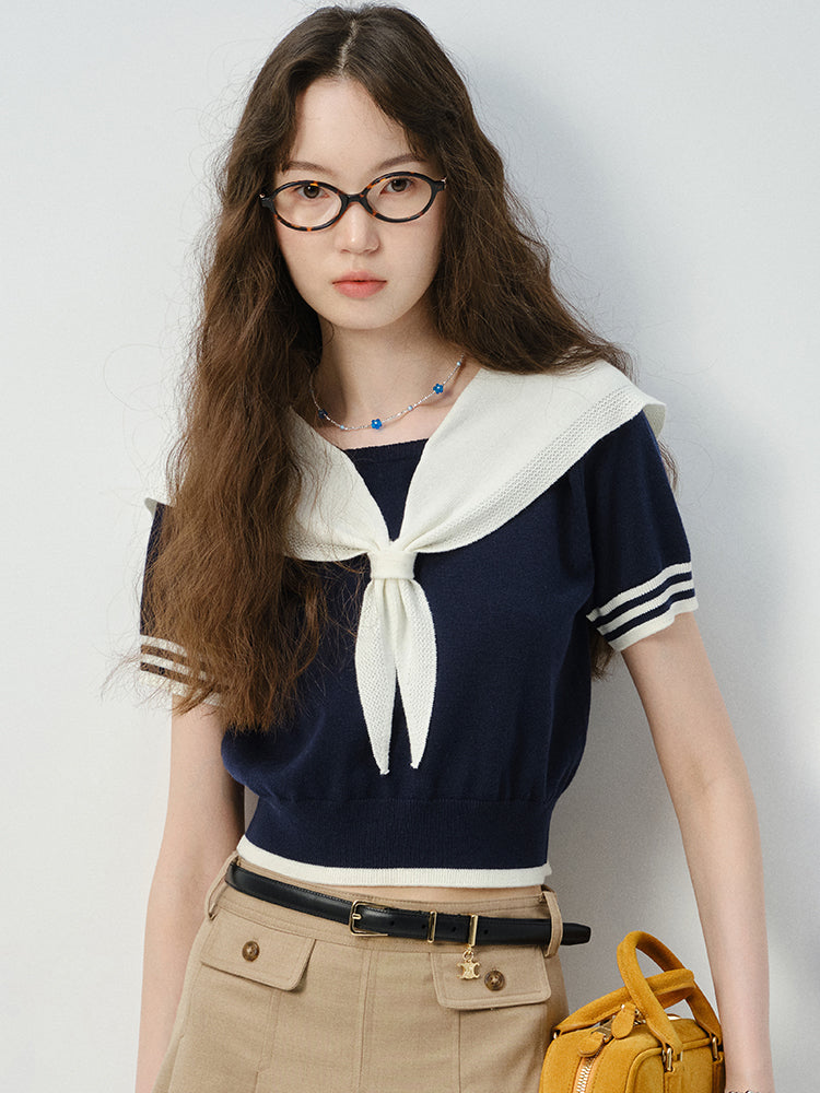 Sailor Collar Knit Top And Pleated Mini Cargo Skirt
