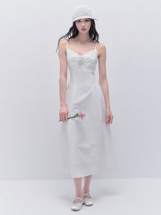 Flower Accent Camisole Dress With Crossed Strap Detail