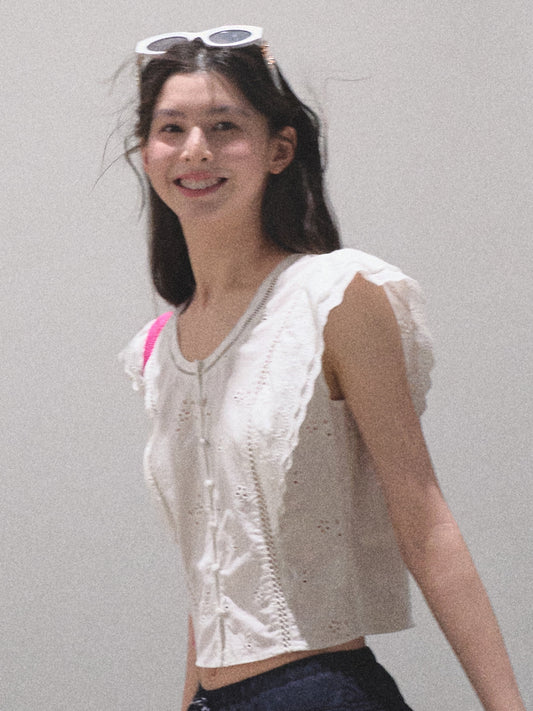 Flutter Sleeve Embroidered Crop Blouse