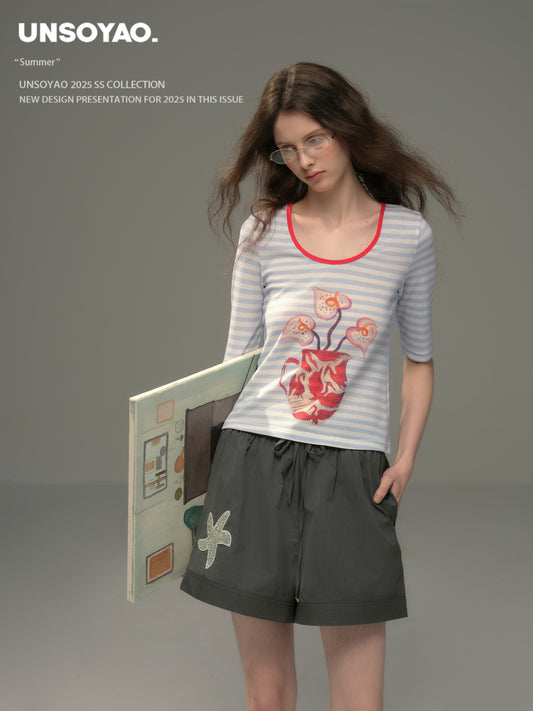 U-Neck Elbow Sleeve Striped T-Shirt With Art Print