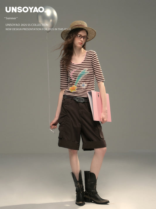 U-Neck Elbow Sleeve Striped T-Shirt With Art Print