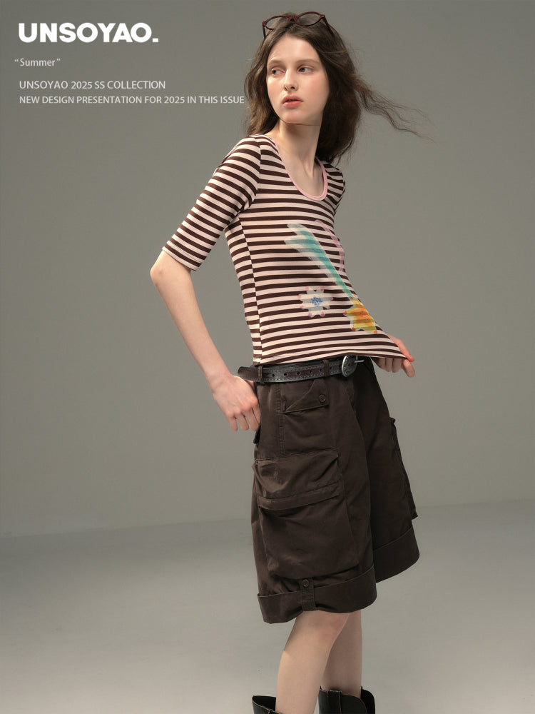 U-Neck Elbow Sleeve Striped T-Shirt With Art Print