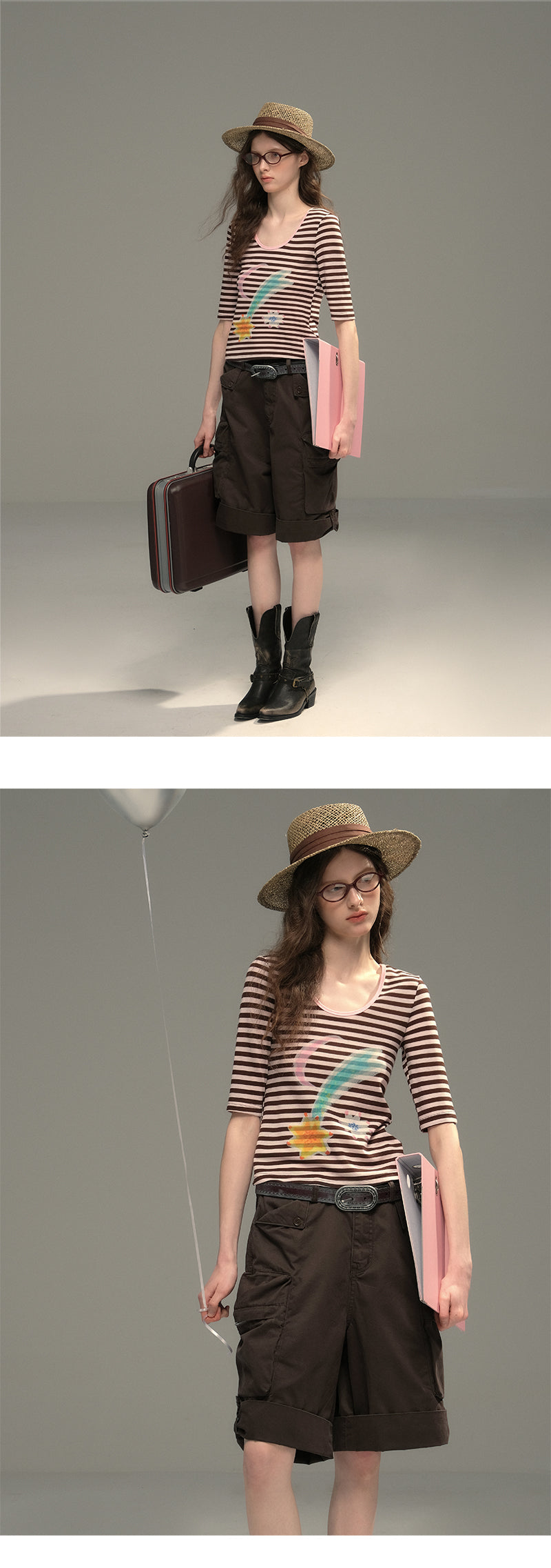 U-Neck Elbow Sleeve Striped T-Shirt With Art Print