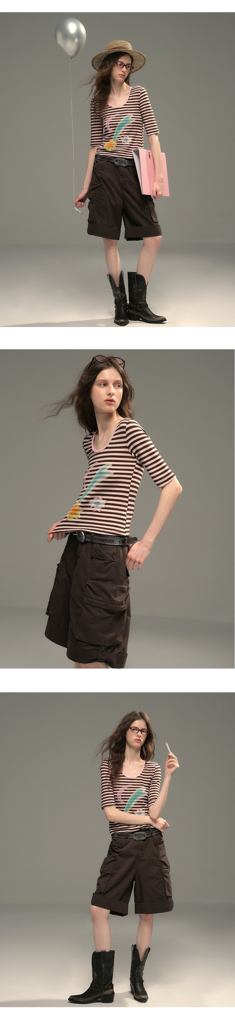U-Neck Elbow Sleeve Striped T-Shirt With Art Print