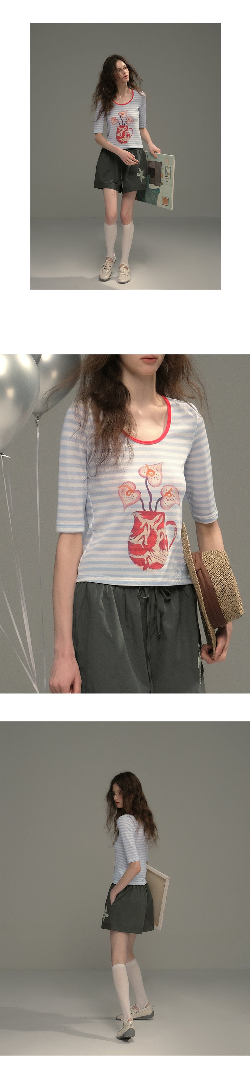 U-Neck Elbow Sleeve Striped T-Shirt With Art Print