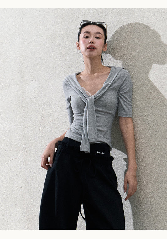 Fitted Tie Neck Top In Two Sleeve Lengths