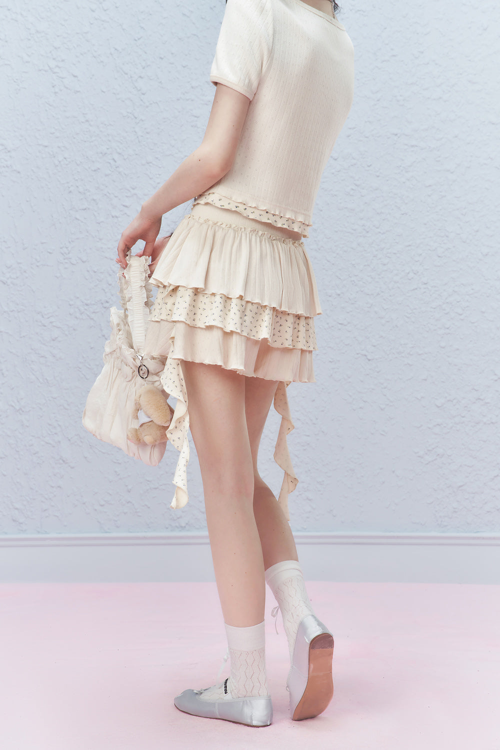 Floral Ruffled Pointelle Tiered Skirt